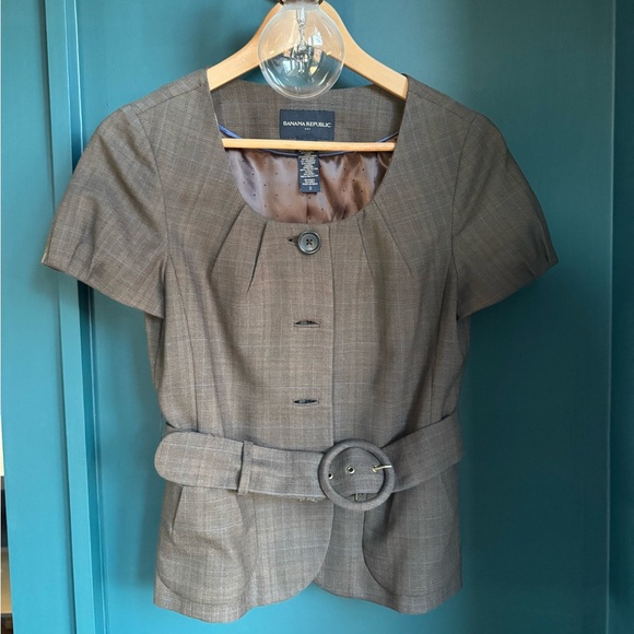 Banana Republic Plaid Belted Blazer – Cropped Sleeve, Wool Blend, Size 2 - Picture 7 of 7